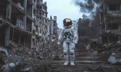 Wall Mural - Astronaut in rubble, smoke, and debris.