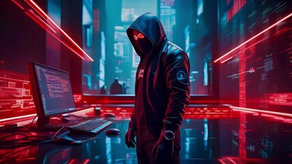 A hooded figure stands in a futuristic, neon-lit room, with a computer screen displaying code in the background.