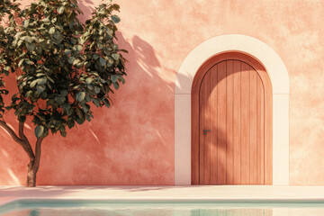 Wall Mural - Bright minimalist room with arched door, pink walls and swimming pool. Simple geometric interior in room. Abstract design in minimalistic style. Modern architecture