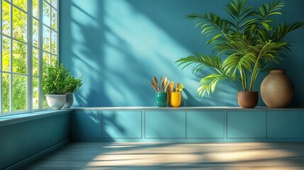 Wall Mural - chic kitchen interior featuring a minimalist design with elegant cabinetry, a sleek countertop adorned with colorful kitchen utensils, and a thriving green houseplant adding a pop of life