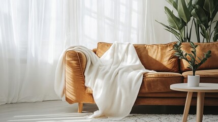 Wall Mural - A brown sofa adorned with a white throw blanket creates a cozy atmosphere, offering ample space for relaxation and comfort in this inviting interior setting.