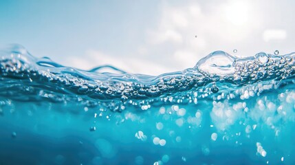 Canvas Print - Air bubbles rise in the clear blue mineral water, creating a captivating scene. The image captures the beauty of air bubbles amidst the tranquil hues of mineral water, offering space for text.