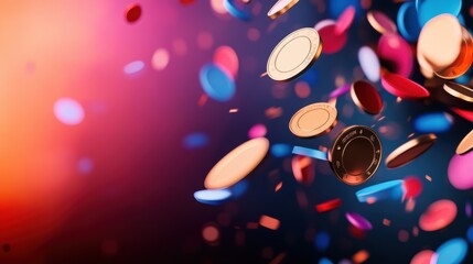 Colorful coins and tokens falling against a vibrant background, creating a festive and dynamic atmosphere.