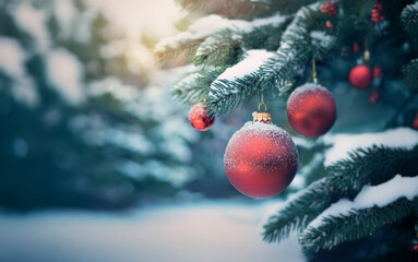 Poster - A close-up of a snow-covered evergreen tree branch adorned with shiny red Christmas ornaments.