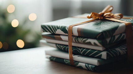 Wrapped gifts with tropical leaf patterns and bow, set against blurred festive background, evoke warm holiday spirit