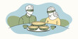 © DigitalSpace - Blind Taste Test Two people sitting blindfolded at a small table with three covered dishes in front of them eagerly ready to taste the samples.