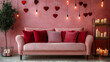 © Papon - Stylish Valentine's Day living room, where a soft pink sofa is decorated with red heart pillows and candles