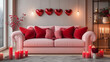 © Papon - Stylish Valentine's Day living room, where a soft pink sofa is decorated with red heart pillows and candles