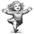 © Oleksandr Pokusai - joyful little girl running with open arms, smiling and carefree, capturing the essence of childhood happiness and innocence sketch engraving generative ai vector illustration. Black and white image.
