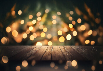 Poster - a rustic wooden table sits in front of a blurry backdrop of warm, glowing lights.