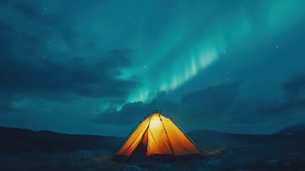 A lone tent glows beneath the vibrant green glow of the aurora borealis in the night sky.