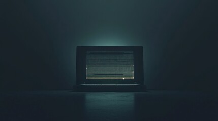 Poster - a laptop computer with a glowing screen in a dark room.