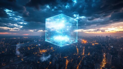 Wall Mural - A glowing blue cube floats above a cityscape at dusk, symbolizing technology and innovation.