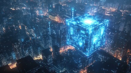 Wall Mural - a glowing blue cube hovers above a futuristic cityscape at night.
