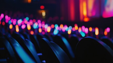 Canvas Print - A blurred view of a concert venue with colorful lights and empty seats in the foreground.