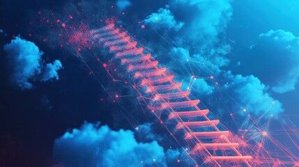 A glowing red staircase ascends into a blue sky with white clouds and a network of red lines.