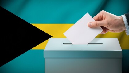 バハマの国旗の背景と投票箱と投票する手。選挙。(Bahamas flag background and ballot box and hand voting. election.)
