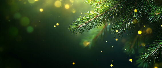 Close-up of pine tree branches with warm golden bokeh lights on a dark green background, creating a peaceful holiday atmosphere.
