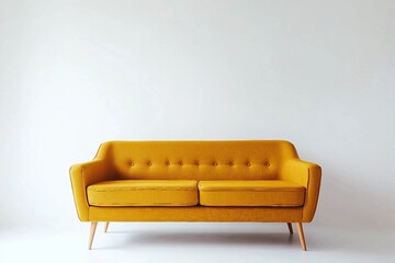 soft empty yellow sofa stands on white isolated background, comfortable fabric couch is alone against the background of white wall, copy space