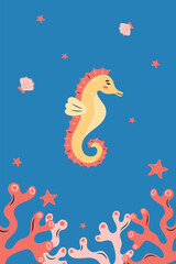 Vertical poster with seahorse on blue background. Character in children's style. vector illustration.