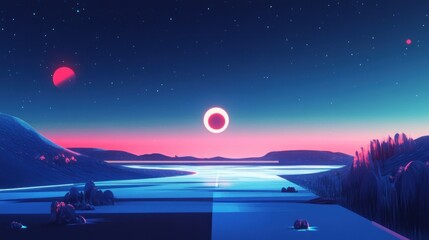 Wall Mural - A stylized, geometric landscape with a glowing moon and a red planet visible in the night sky.