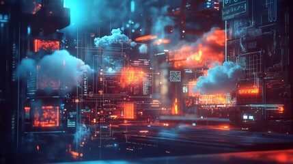 Wall Mural - A futuristic city with glowing neon lights, clouds, and data streams.
