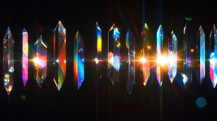 Wall Mural - a row of sparkling crystal prisms refract light on a black background, creating a colorful rainbow e