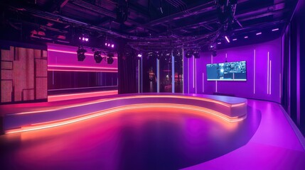 Wall Mural - A modern studio with a curved stage, purple and pink lighting, and a large screen.