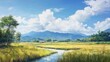 © h4kunA - A picturesque rural scene with a winding river flowing through a lush green field, framed by majestic mountains and a clear blue sky dotted with fluffy clouds.
