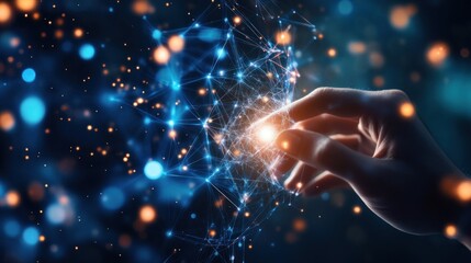 Wall Mural - a hand reaching out to touch a glowing network of interconnected points, representing a concept of d