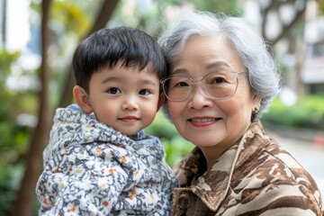 Happy asian family. Grandson take care grandma in the park, Generative AI