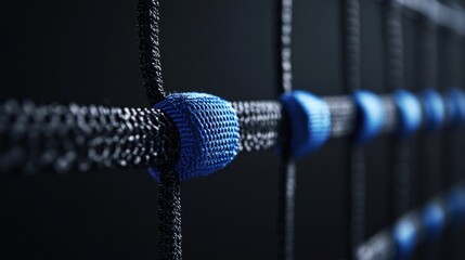 Wall Mural - closeup of a black net with blue knots against a dark background.