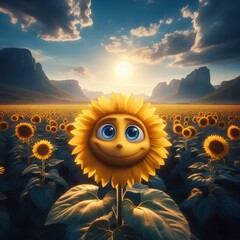 Wall Mural - Blue skies and endless fields of sunflowers.