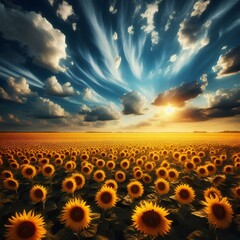 Wall Mural - Blue skies and endless fields of sunflowers.