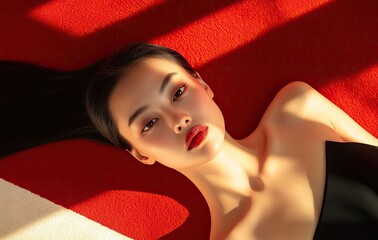 an Asian female model with sleek hair, lying on the red and white floor, wearing a black dress