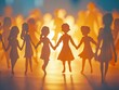© vefimov - Happy children in silhouette form a circle holding hands with one another, illustrating unity and friendship.