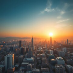 Aerial cityscape at sunset, golden hour glow, skyscrapers silhouetted against colorful sky, urban skyline, dramatic lighting, hazy atmosphere, bird's eye view, modern architecture, high-rise buildings