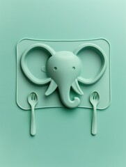 A whimsical elephant themed placemat featuring a delightful elephant head shape, with an adorable smile. Includes playful plates and utensils in a fun elephant design.