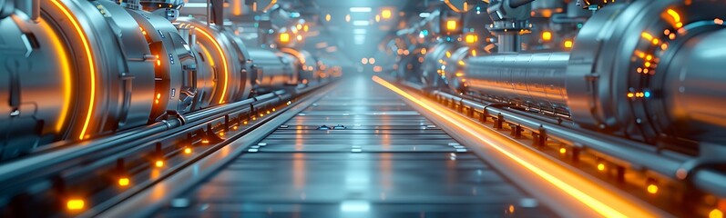 Aufkleber - Description**: A futuristic industrial setting featuring glowing pipelines and a metallic track, embodying advanced technology and automation.