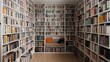 © Alfazet Chronicles - Cozy home library filled with numerous books on white shelves, featuring a small reading nook with pillows and a cushion.