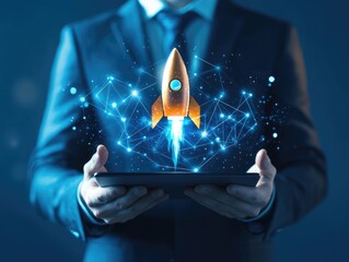 Businessman in suit holding tablet with digital rocket launching into space concept, emphasizing innovation and progress in technology.