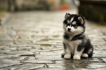 Alaskan Malamute puppy, small with fluffy black and white coat, sitting with playful and curious expression