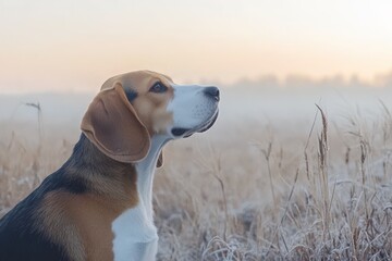 Beagle adult dog, standing alert in field, tricolor coat, loyal and friendly expression, long floppy ears