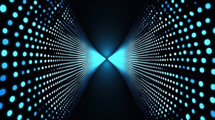 Wall Mural - Abstract blue glowing digital tunnel with dots on a black background.