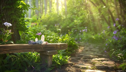 Poster - A serene forest scene featuring a stone path, vibrant flowers, and a wooden bench bathed in soft sunlight, inviting tranquility and reflection.