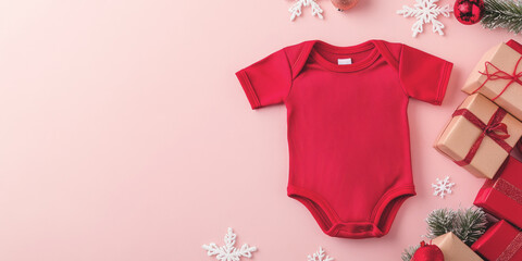 Red Baby Onesie on Winter Holiday Festive Background. Fashion newborn clothes. Flat lay, top view. Baby kids soft organic cotton clothing. Infant trendy bodysuit, product promo. Gender neutral. Gift