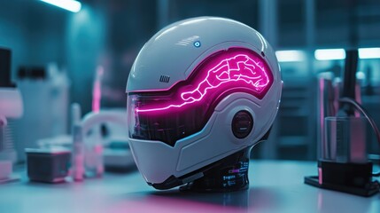 Poster - Futuristic brain-computer interface helmet glowing in neon, set in a technologically advanced lab.