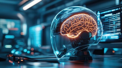 Poster - Futuristic brain-computer interface helmet glowing in neon, set in a technologically advanced lab.