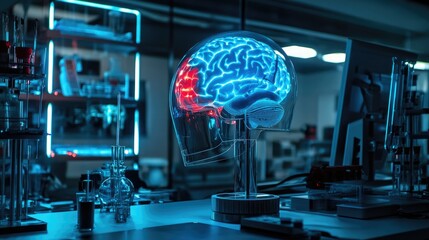 Poster - Futuristic brain-computer interface helmet glowing in neon, set in a technologically advanced lab.