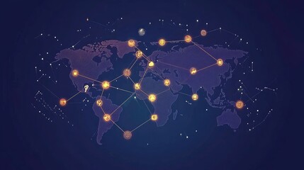 Global economy visual with crypto transactions linking continents, bright nodes symbolizing finance networks.